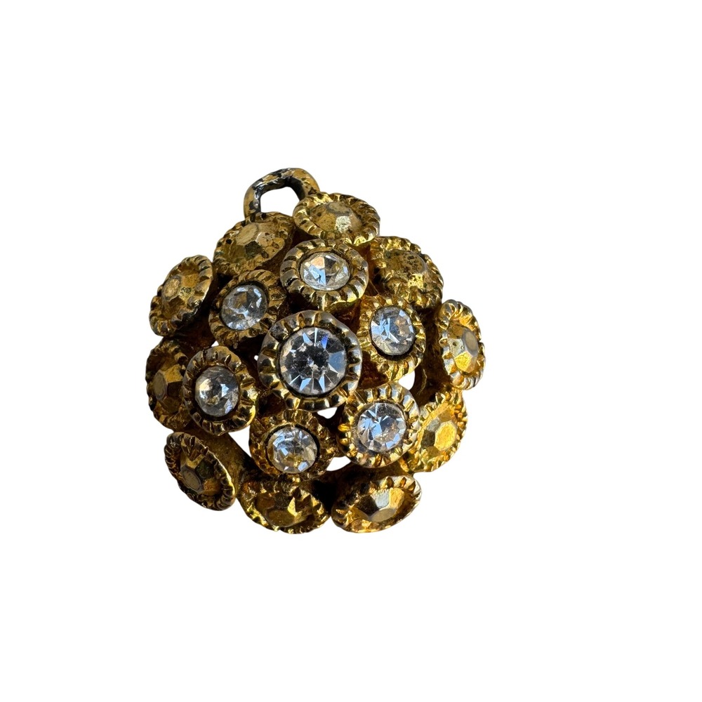 Vintage Gold Tone Rhinestone‎ Cluster Dome Pendant Textured Floral Charm Brooch